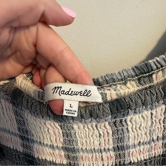 Madewell Cotton Black Blue Pink Smocked Square Neck Mini Dress Large - Picture 12 of 12